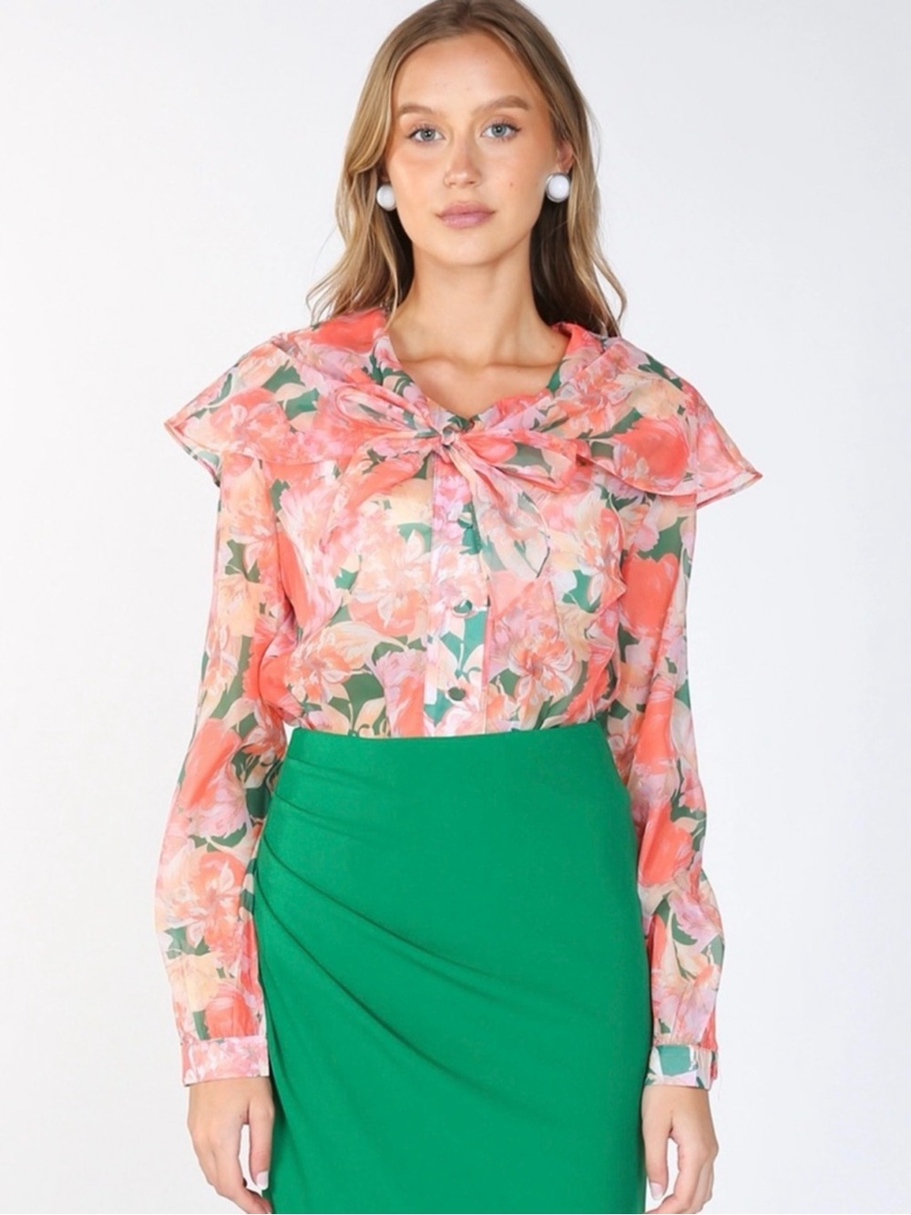 NWT size small Beulah Coral Pink Floral Chiffon Blouse $161 retail